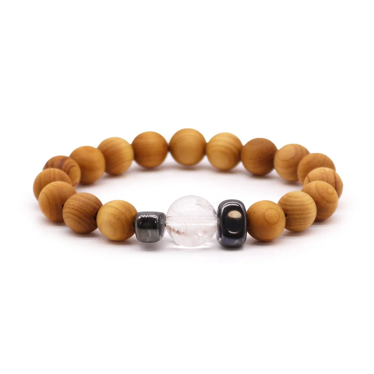 Cedarwood crown chakra bangle with clear quartz stones, a spiritual gemstone bangle