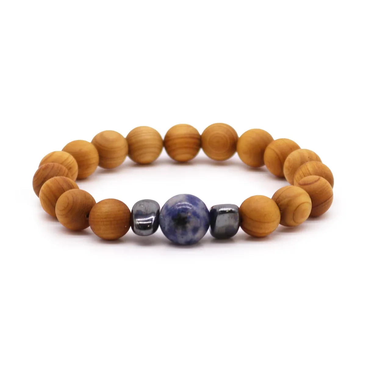 Cedarwood throat chakra healing bangle with sodalite stone.