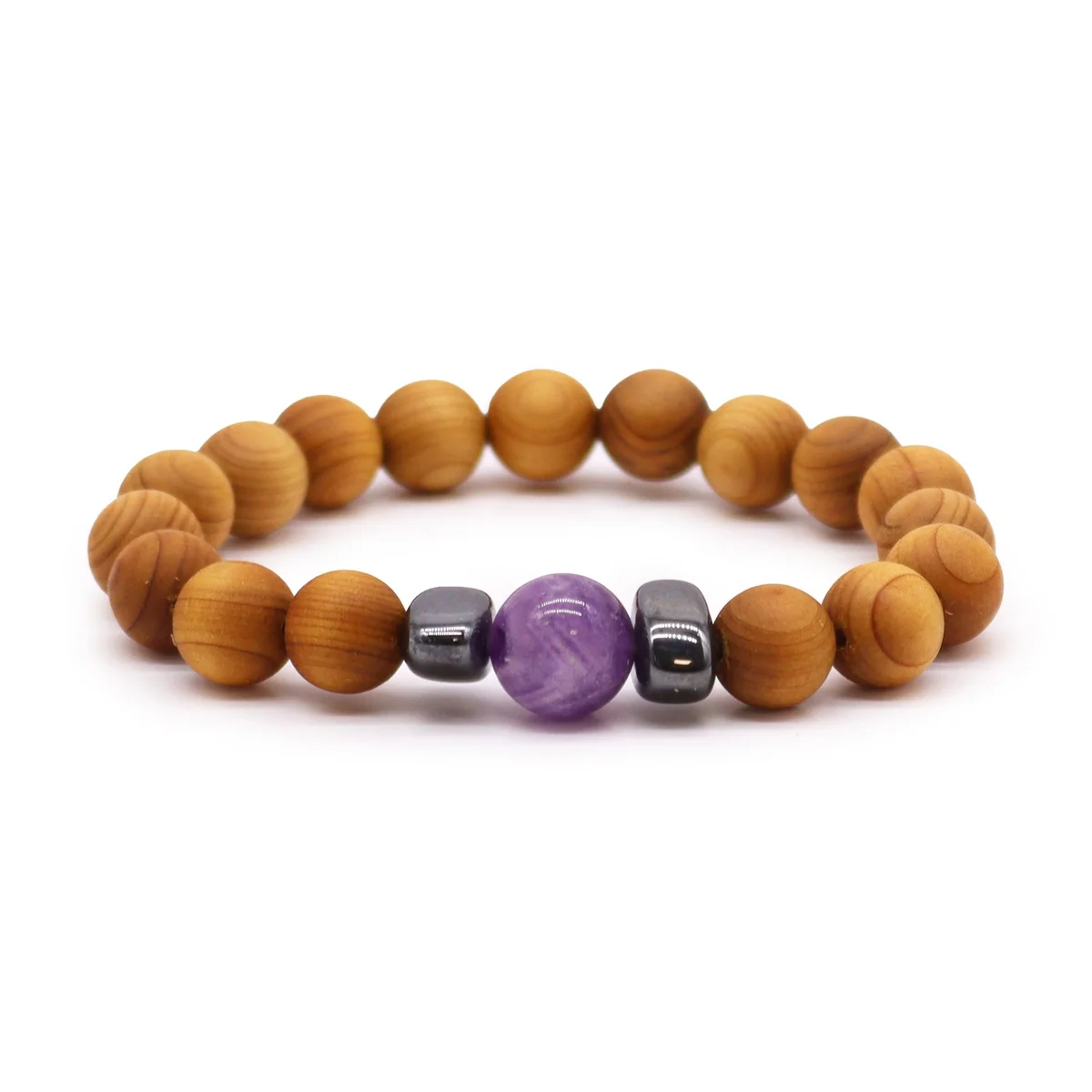 Cedarwood third eye chakra bangle with amethyst stone, offering a simple, natural look.