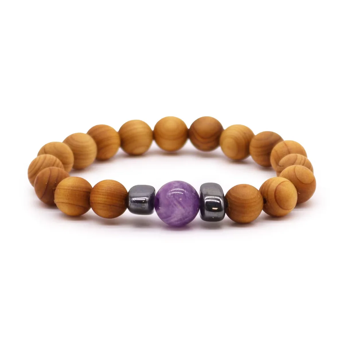 Cedarwood Third Eye Chakra Bangle featuring an amethyst stone—stylish chakra jewellery uk.