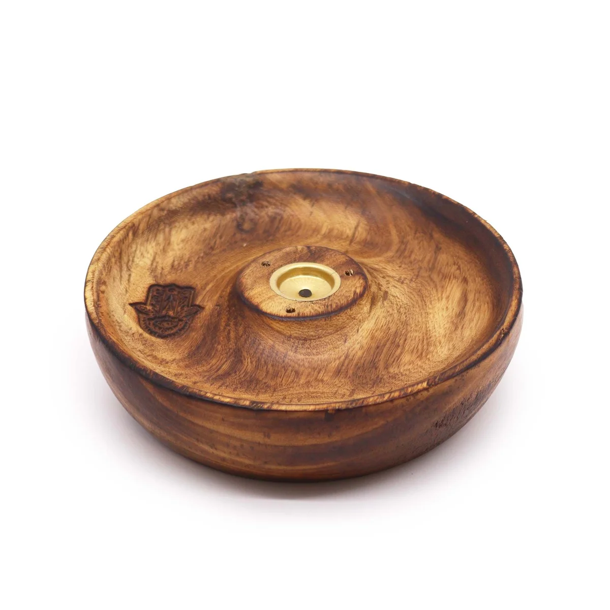 Incense stick and cone beside a Hamsa-shaped incense burner disc