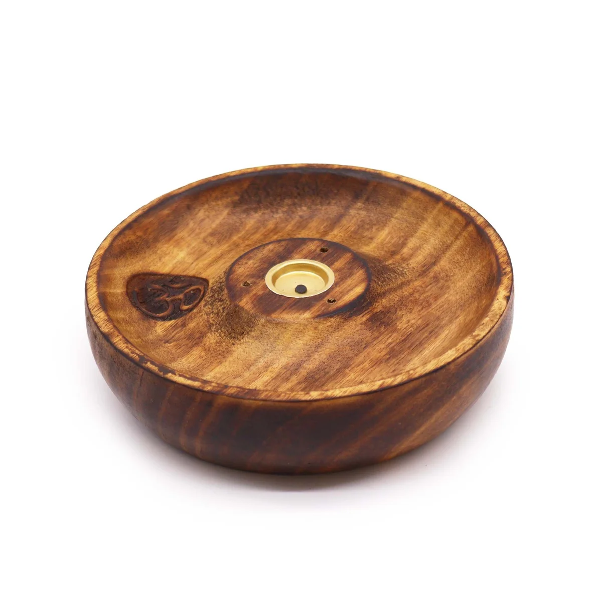 Disc-shaped incense burner for sticks and cones, featuring the Om symbol in simple design.