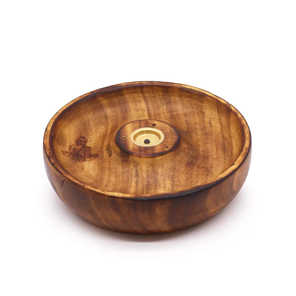 Buddha incense holder: metal disc for incense sticks and cones, shaped like a Buddha with subtle details.
