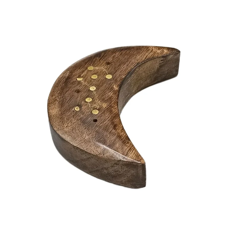 Engraved moon‑shaped brass incense holder, zodiac sign design.