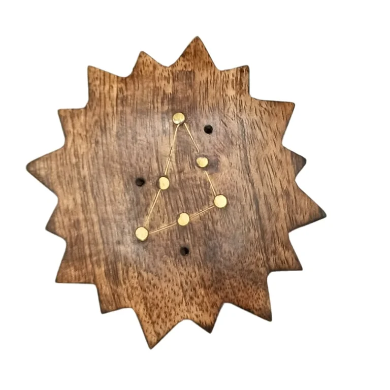 brass zodiac incense burner featuring an engraved sun design, elegant brass finish, decorative incense holder.