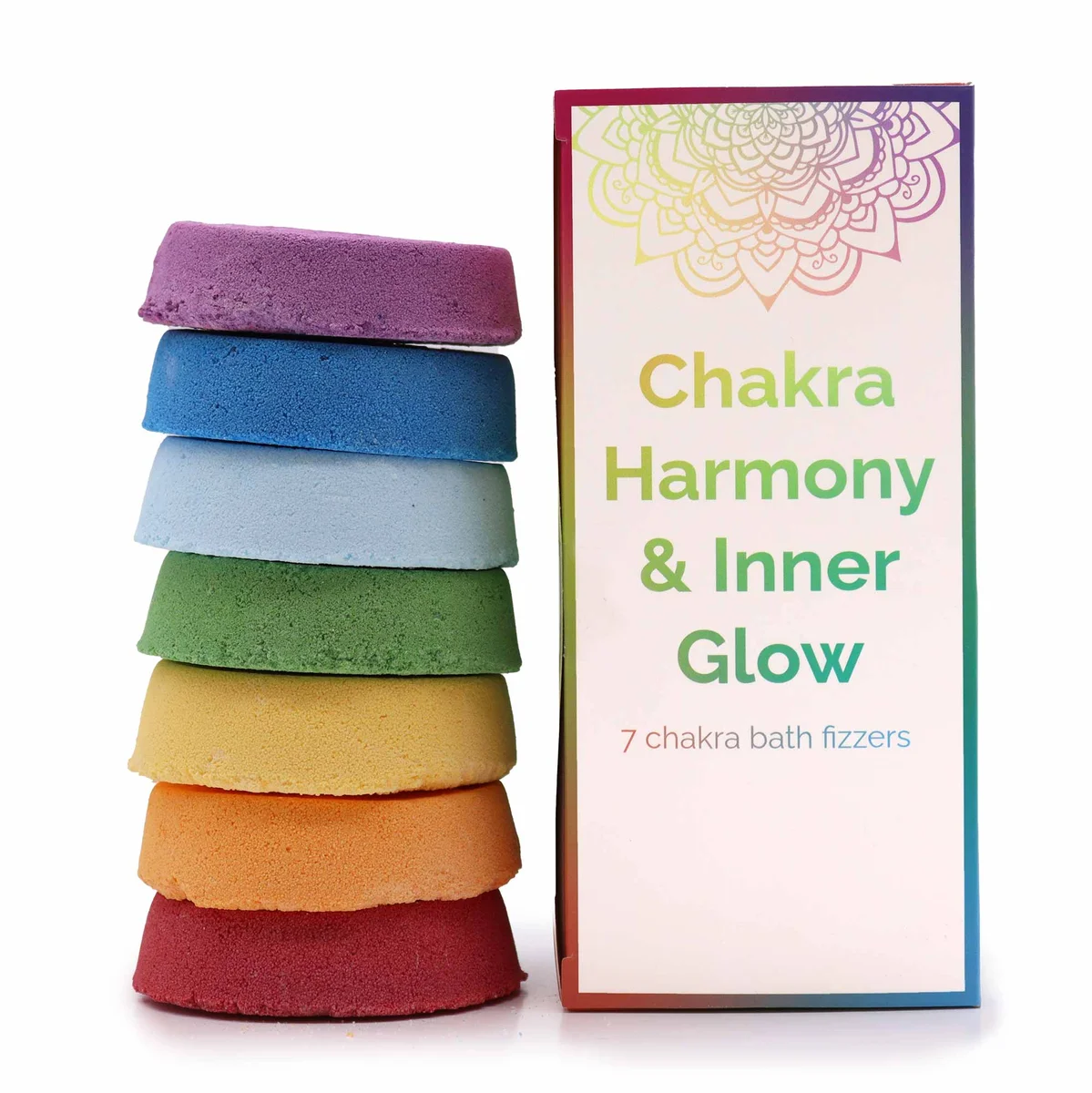 Large box of chakra harmony bath bomb with colorful fizz balls arranged for chakra balance and inner glow relaxation