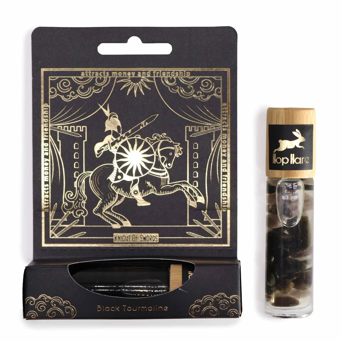 Roll‑on perfume bottle labelled HH Tarot Roll On – The Knight, with sleek bottle and silver cap
