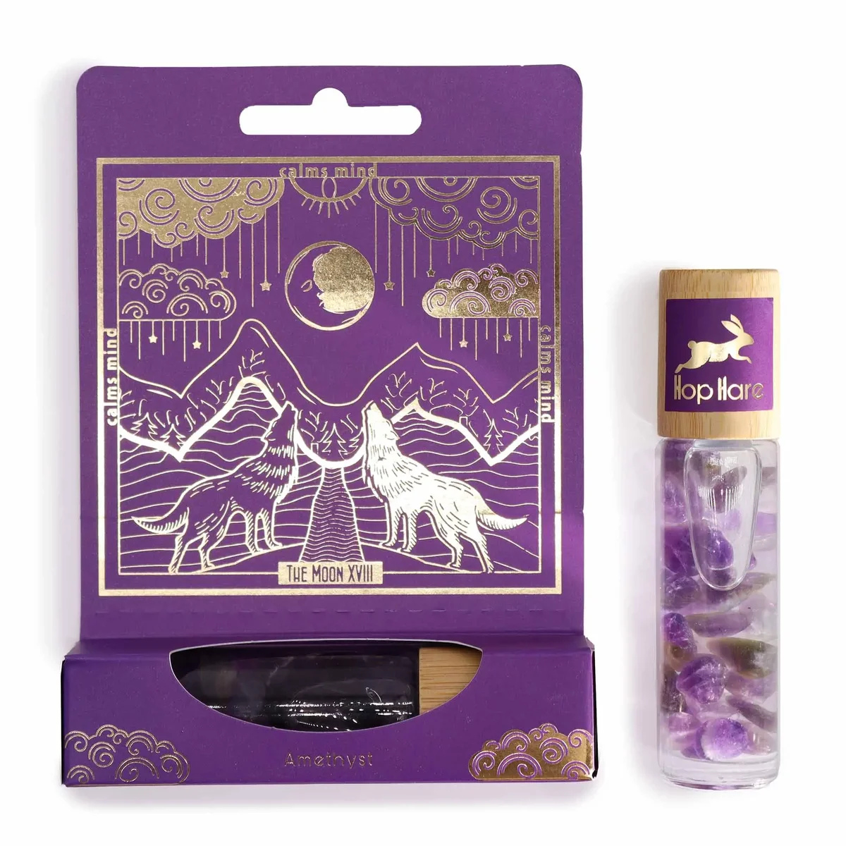 HH Tarot Roll On bottle featuring The Moon tarot card artwork on label, white background, the moon tarot theme