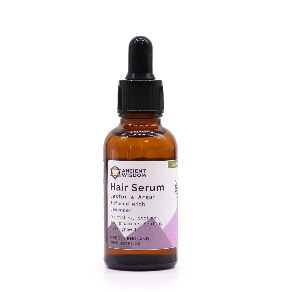 30ml bottle of organic hair serum with lavender scent on a white background