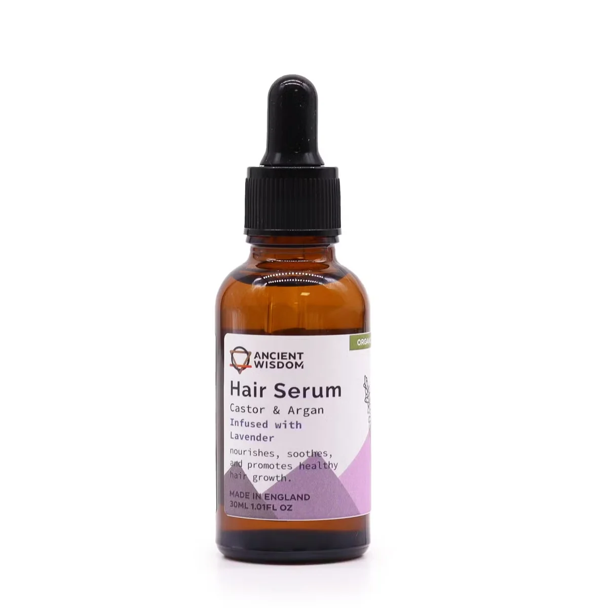 Bottle of organic lavender hair serum 30ml with purple label on white background