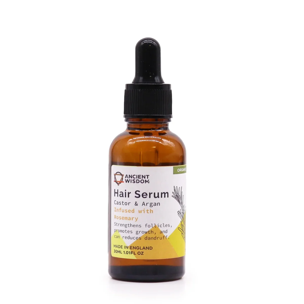 Clear glass bottle of 30ml organic rosemary hair serum with green label.