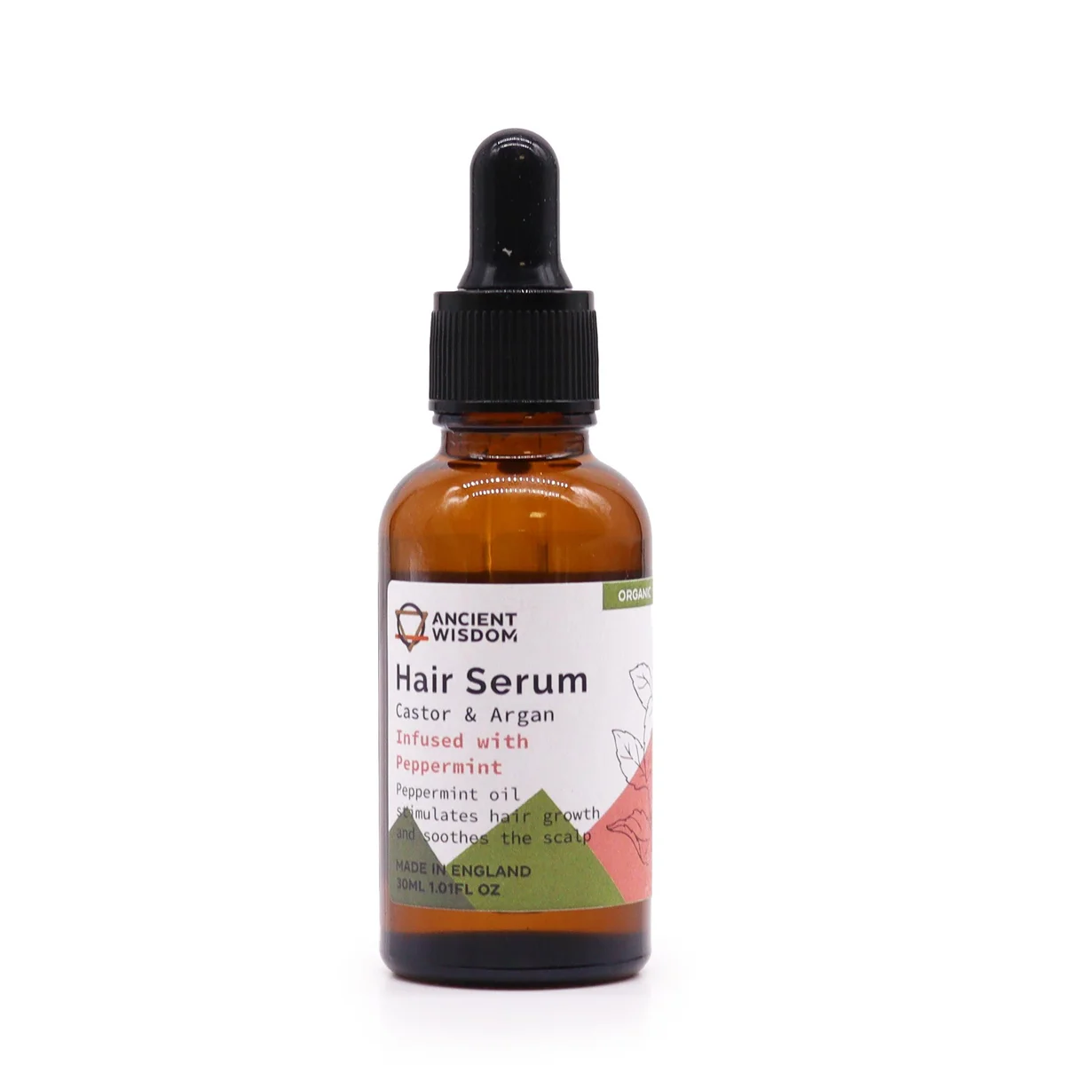 Organic hair serum in a clear glass bottle with green label, peppermint scent, 30ml volume.