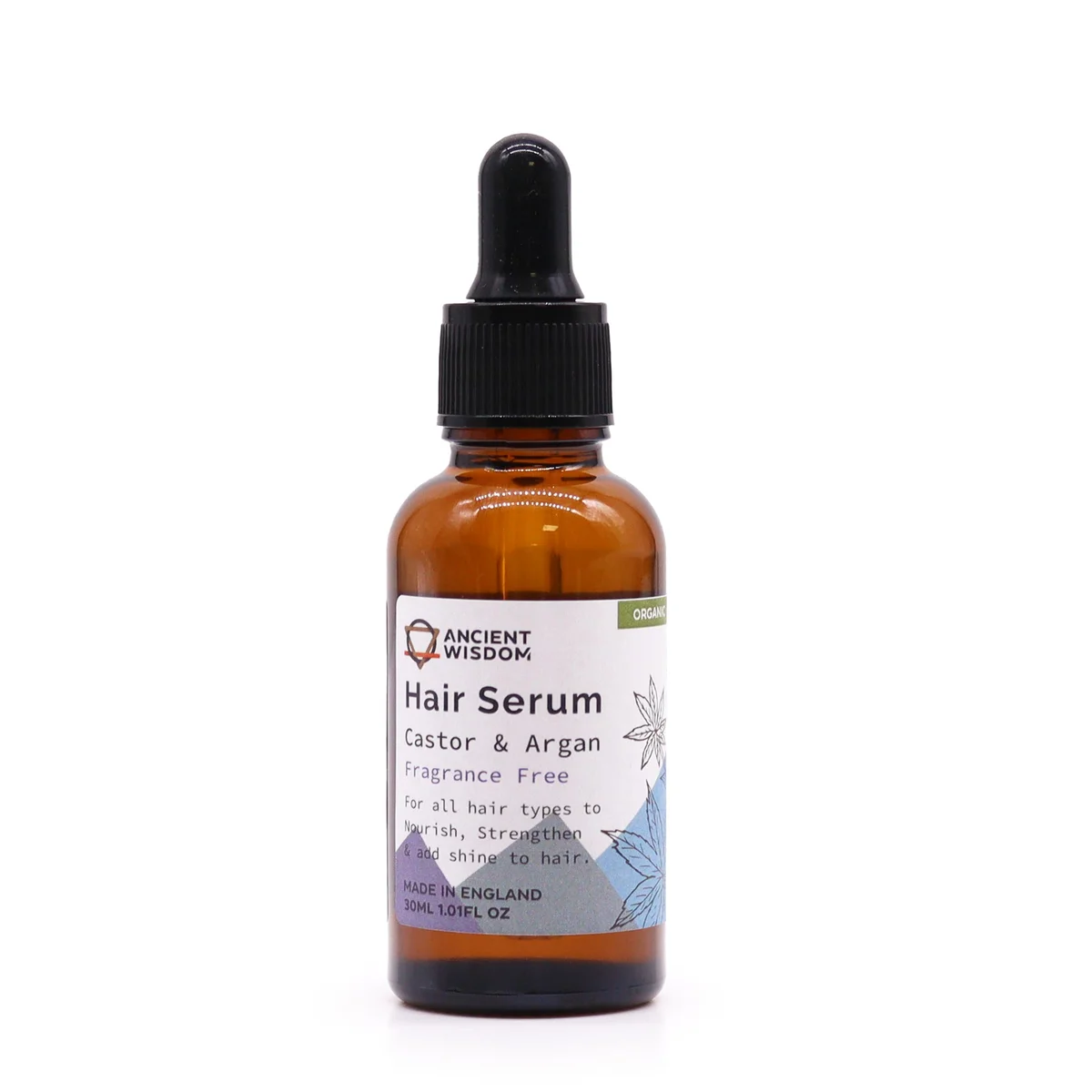 30ml bottle of unfragranced organic hair serum in clear glass with white cap
