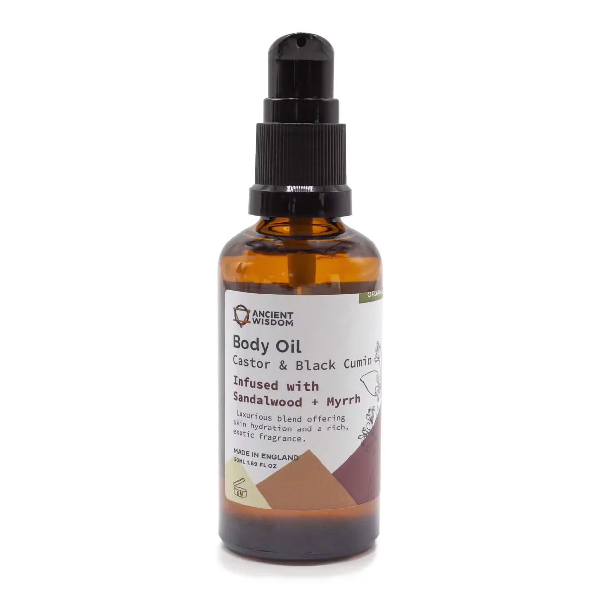 Bottle of organic skin oil, 50 ml, Sandalwood & Myrrh label.