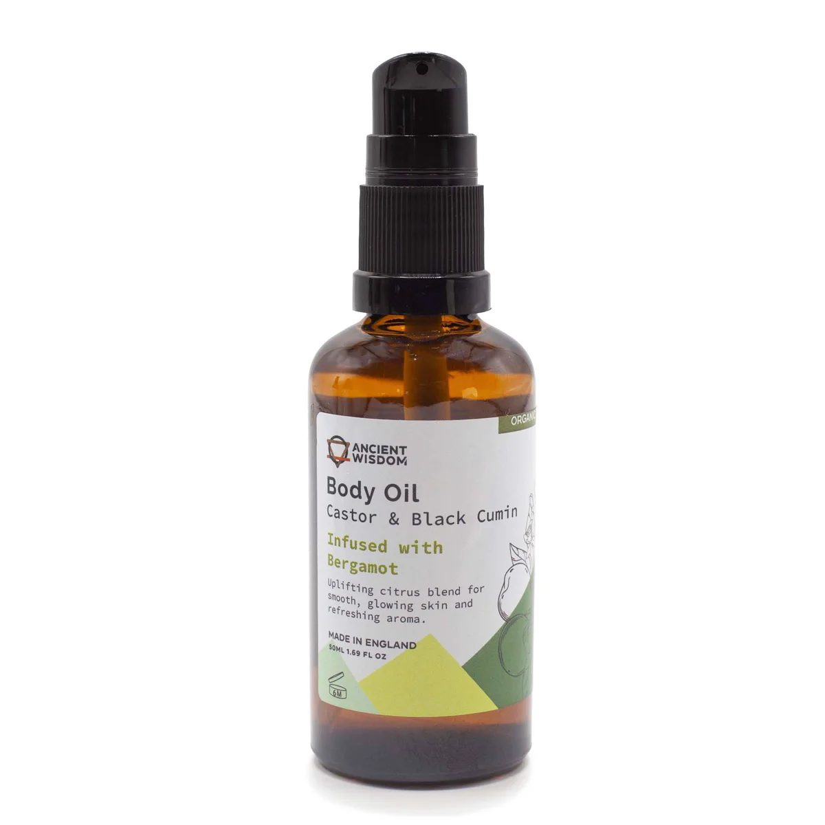 Small glass bottle of 50ml organic bergamot body oil, with a clear label and a leaf design.
