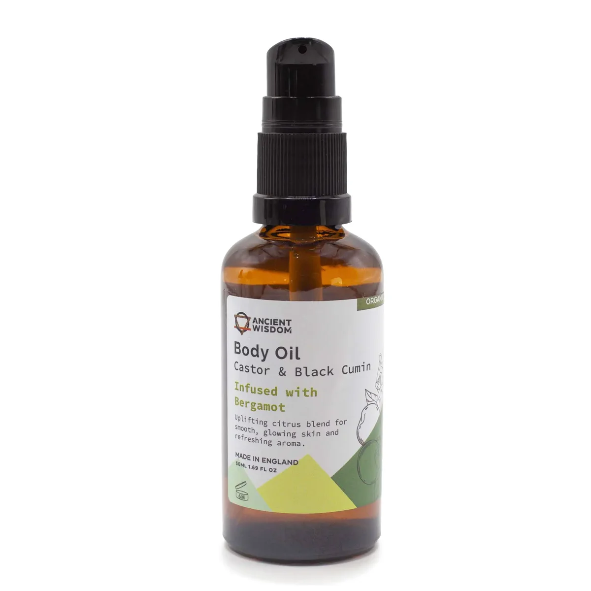 Amber 50ml bottle of organic body oil with bergamot label and liquid inside.