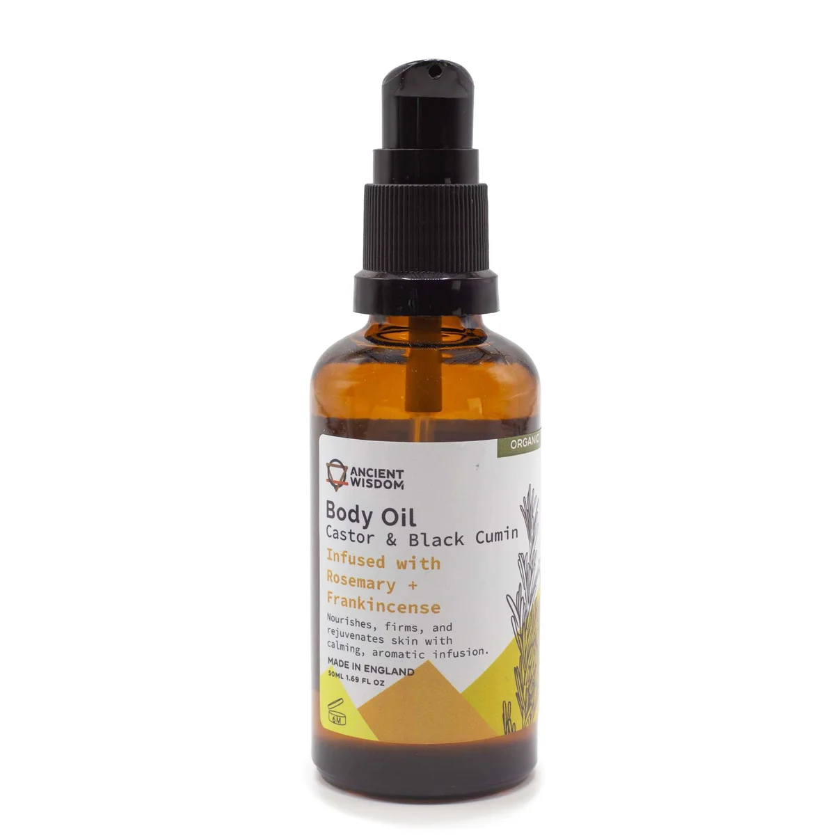 Bottle of organic body oil with rosemary and frankincense label, 50ml