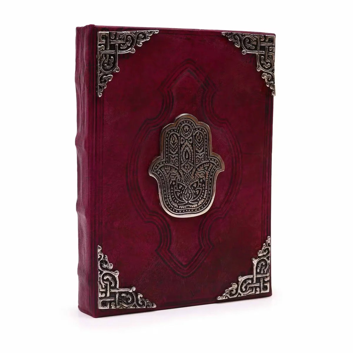Red tan 26x18cm journal featuring zinc Hamsa decor and 200 deckle‑edges pages.