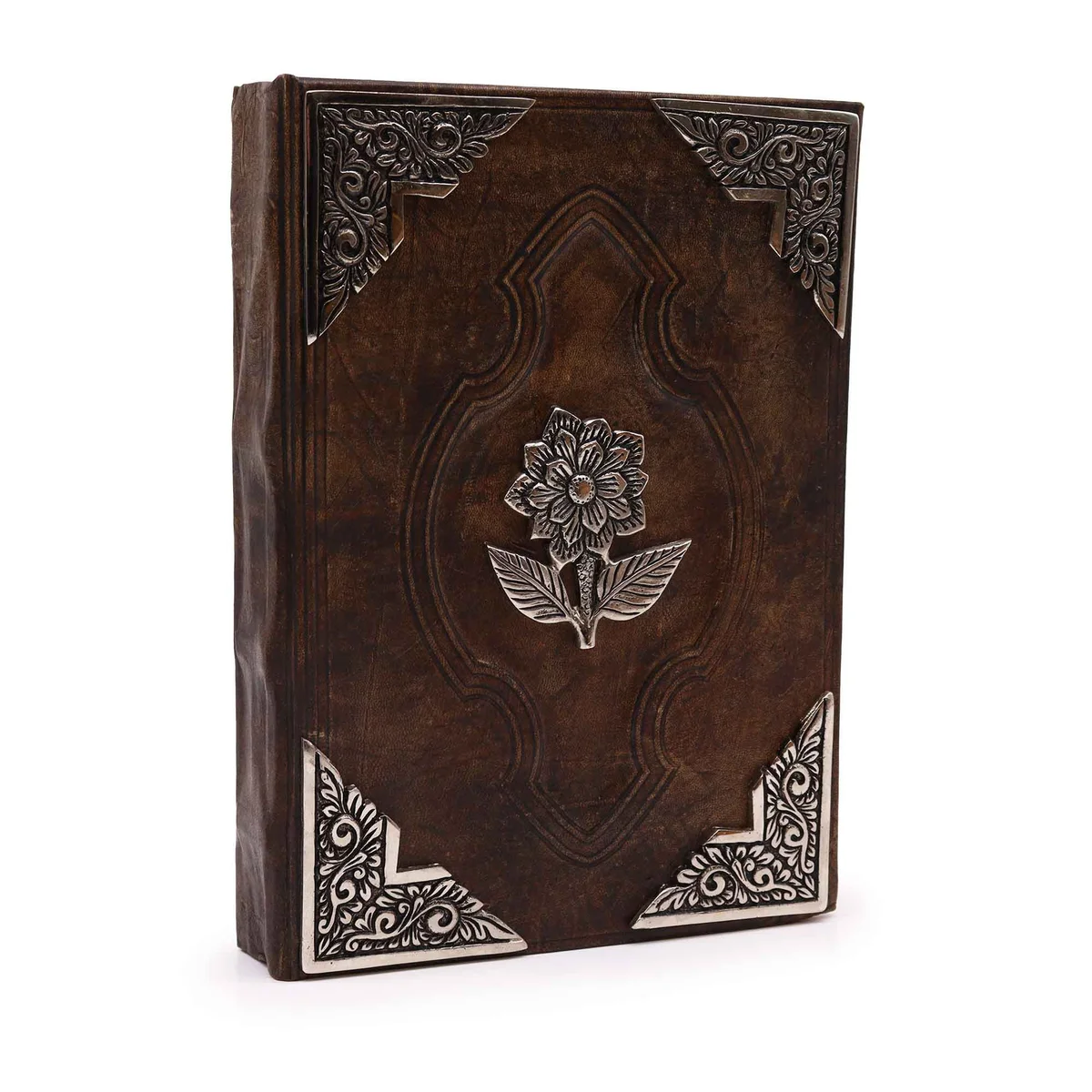 Red tan journal with zinc rose decor, shown close‑up of textured cover and ribbon band.