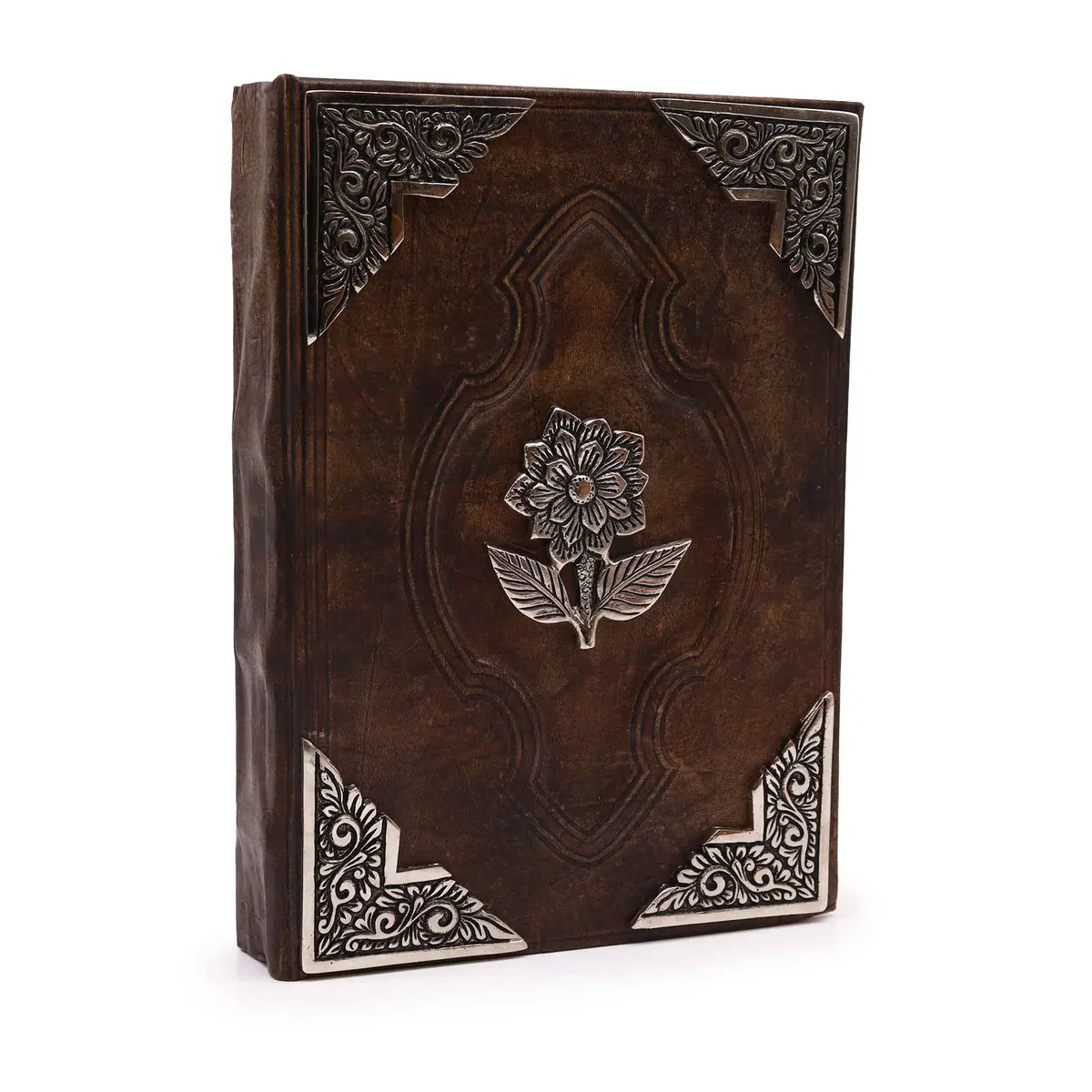 Red tan book with zinc rose decor, 200 deckle edge pages, size 26x18cm, hardcover with textured binding.