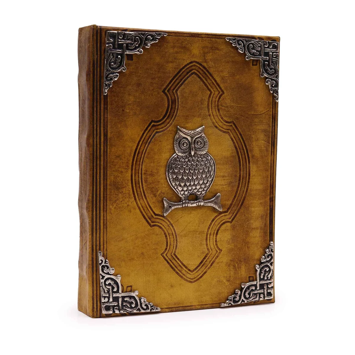 Decorative coffee tan notebook with zinc owl decor, 200 deckle edges pages, 26x18cm.