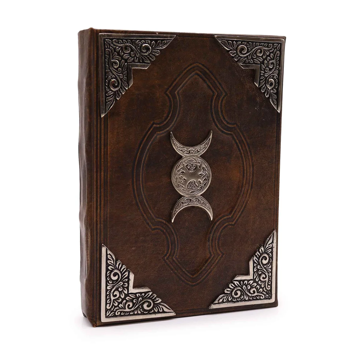 Brown tan journal with zinc triple moon design, 200 pages with deckle edges, 26x18cm rectangular shape