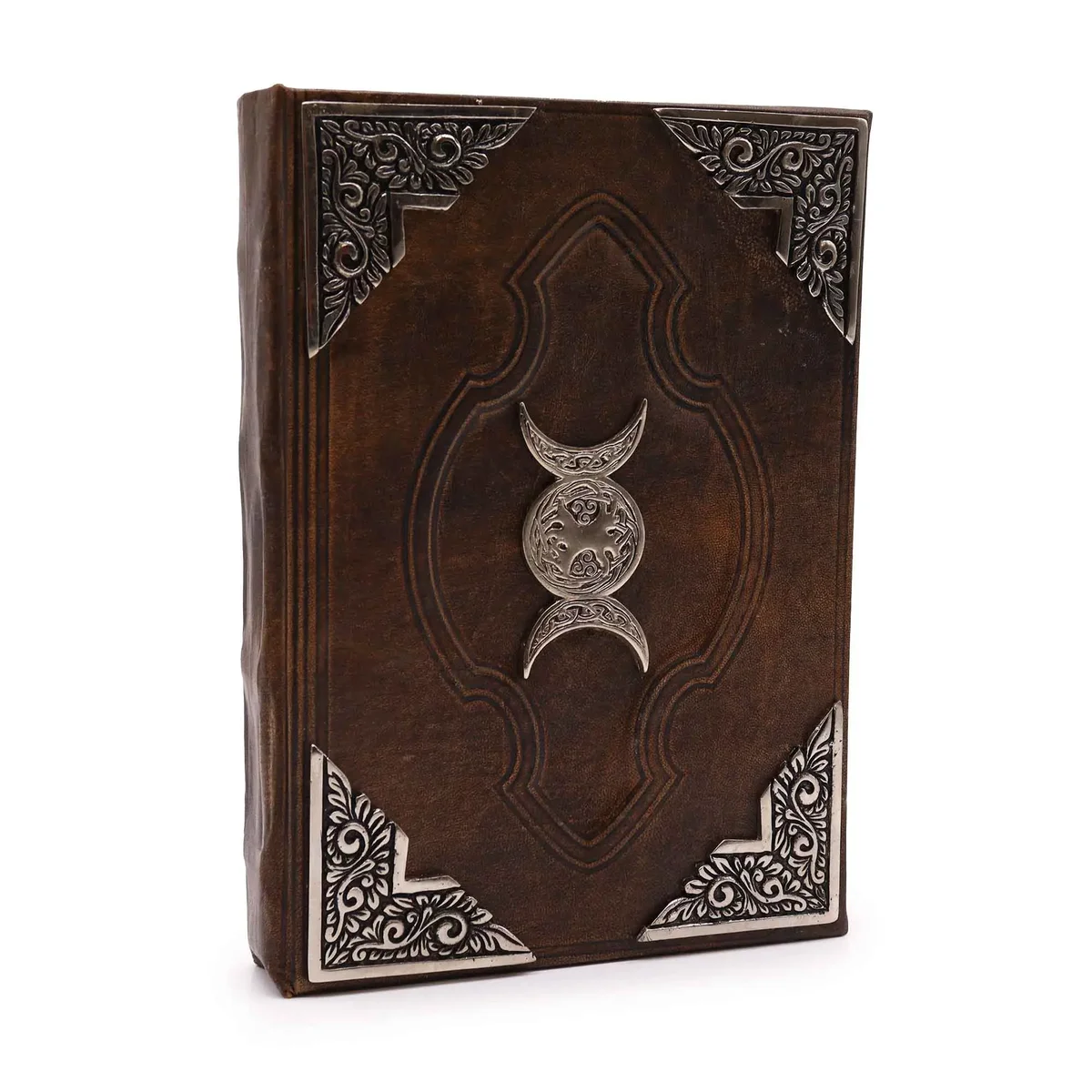 Brown tan notebook with zinc triple moon design, 200 deckle edge pages, 26×18 cm, open to reveal textured paper.