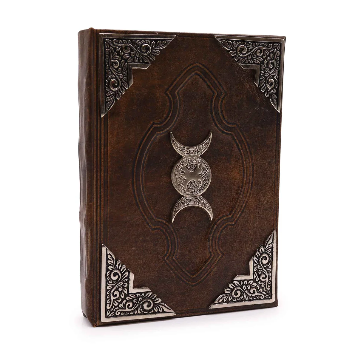 Brown tan book featuring triple moon decor journal, deckle edge pages, 200 pages, 26x18cm
