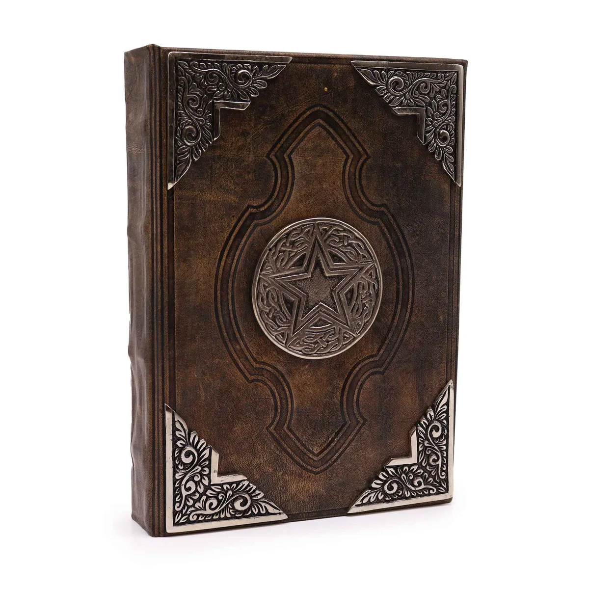 Brown tan notebook with zinc pentagon cover decor, 200 deckle edge pages, 26x18cm size.