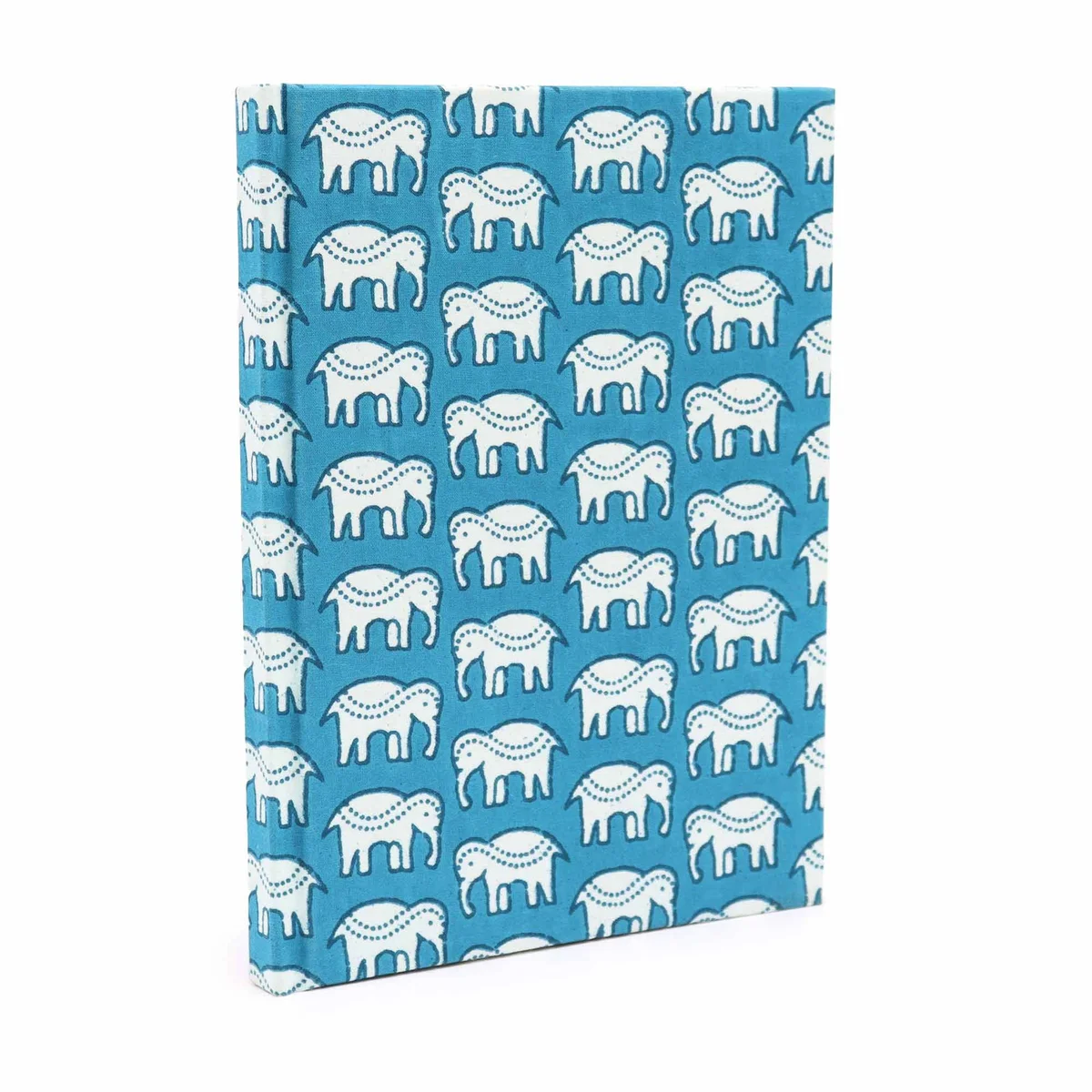 Cotton bound notebook featuring teal elephants, 20x15cm with 96 pages, shown on a flat background.