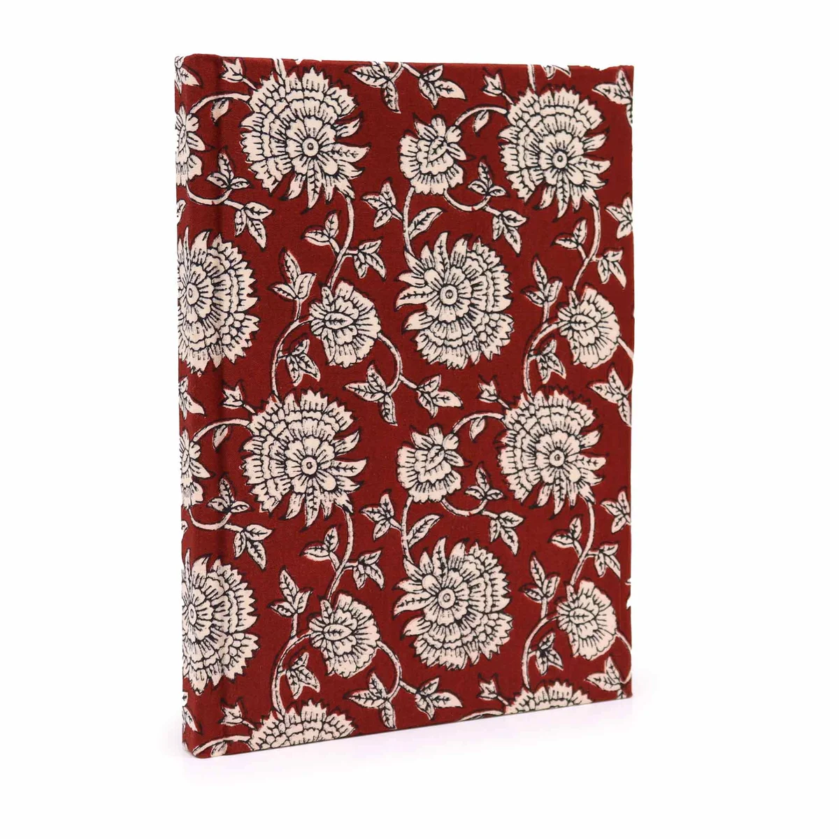 Burgundy floral cotton‑bound notebook 20x15cm with 96 pages, open to show lined interior.