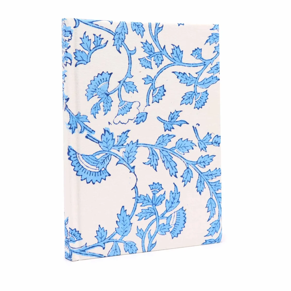 Pale blue floral notebooks with cotton binding, 20x15cm size, stack of 96 pages displayed.