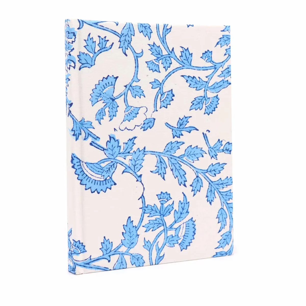 Cotton bound notebook with pale blue floral cover, 20x15cm size, 96 page notebooks.