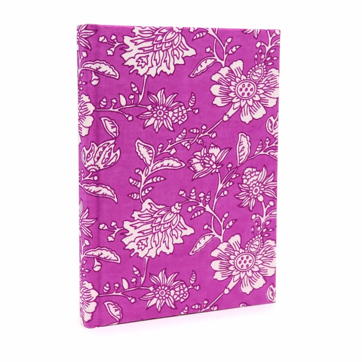 Antique fuchsia cotton‑bound notebook, 20x15cm notebooks, 96 pages, open to blank pages.