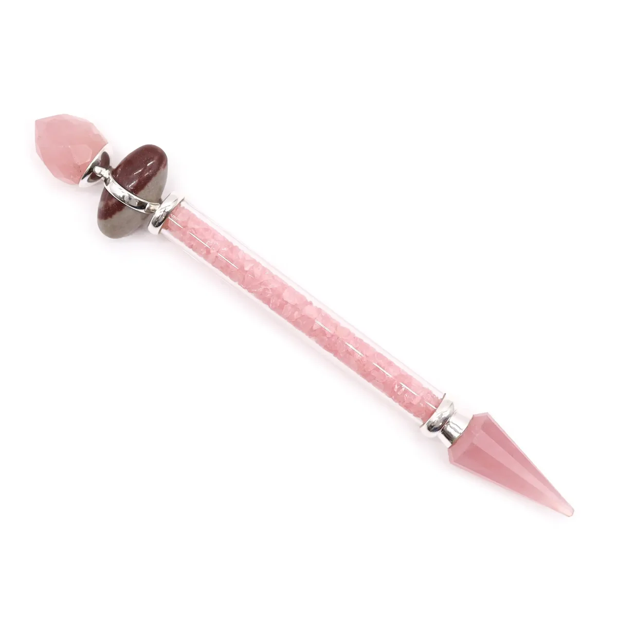 Rose quartz wand shaped like a Shiva lingam, polished translucent surface.