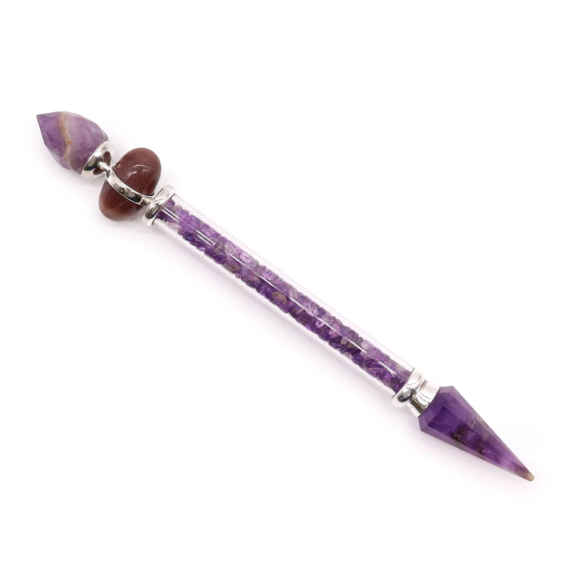 Shiva lingam‑shaped amethyst magic wand with a silver base, amethyst body glimmering.