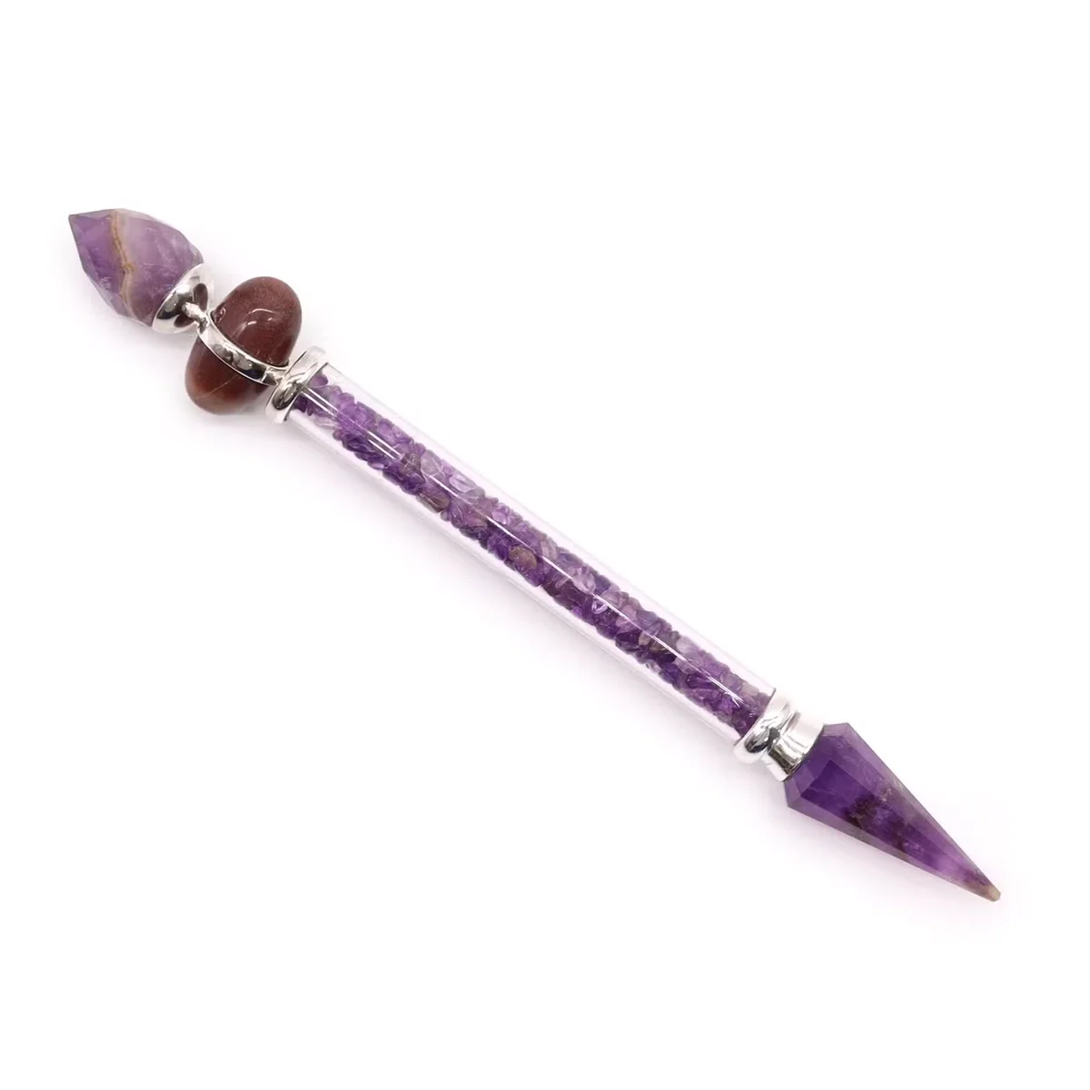 Amethyst wand ornament with a slender Shiva Lingam shape, showing polished crystal surface