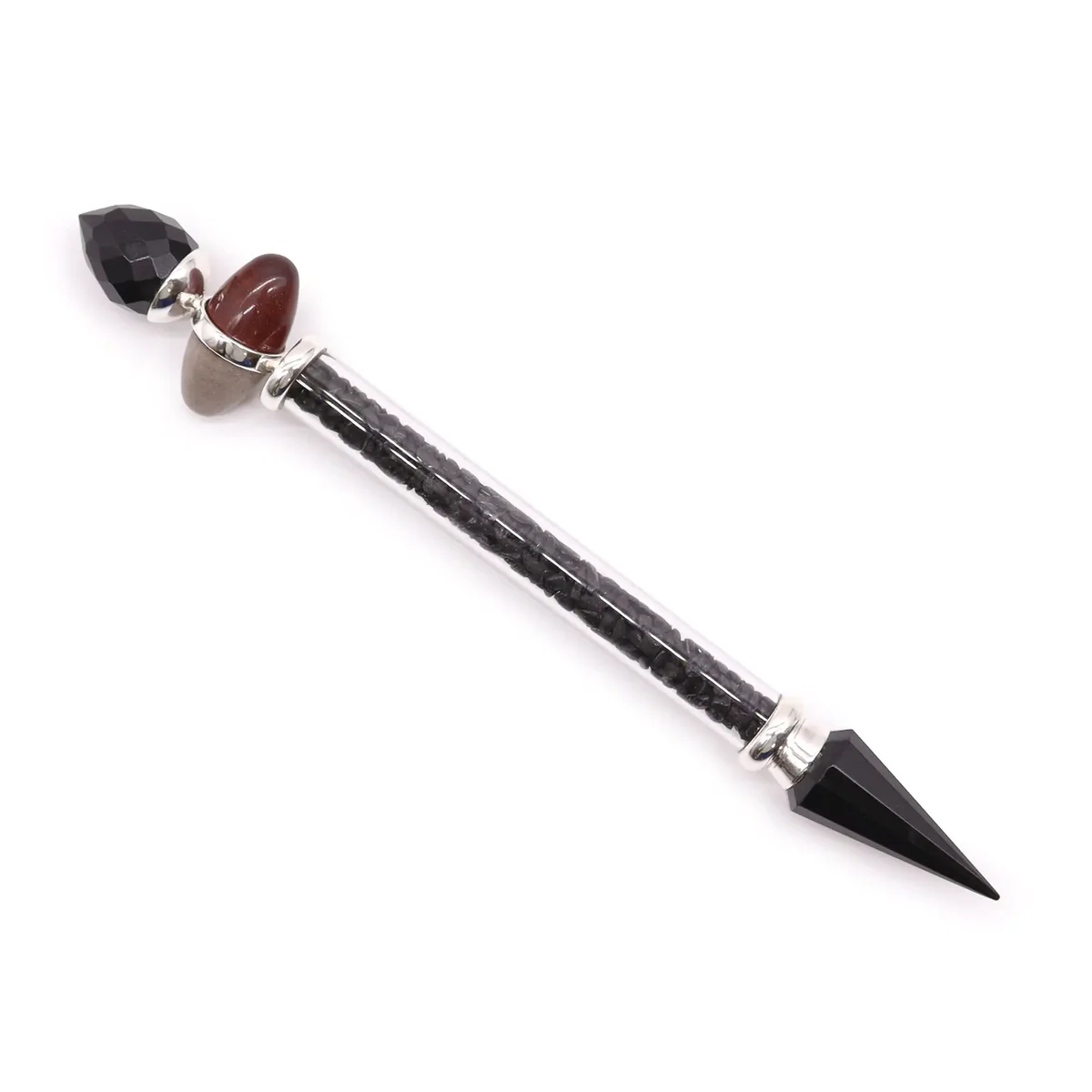 Black tourmaline wand shaped like Shiva Lingam with agate, designed for protection and spiritual use