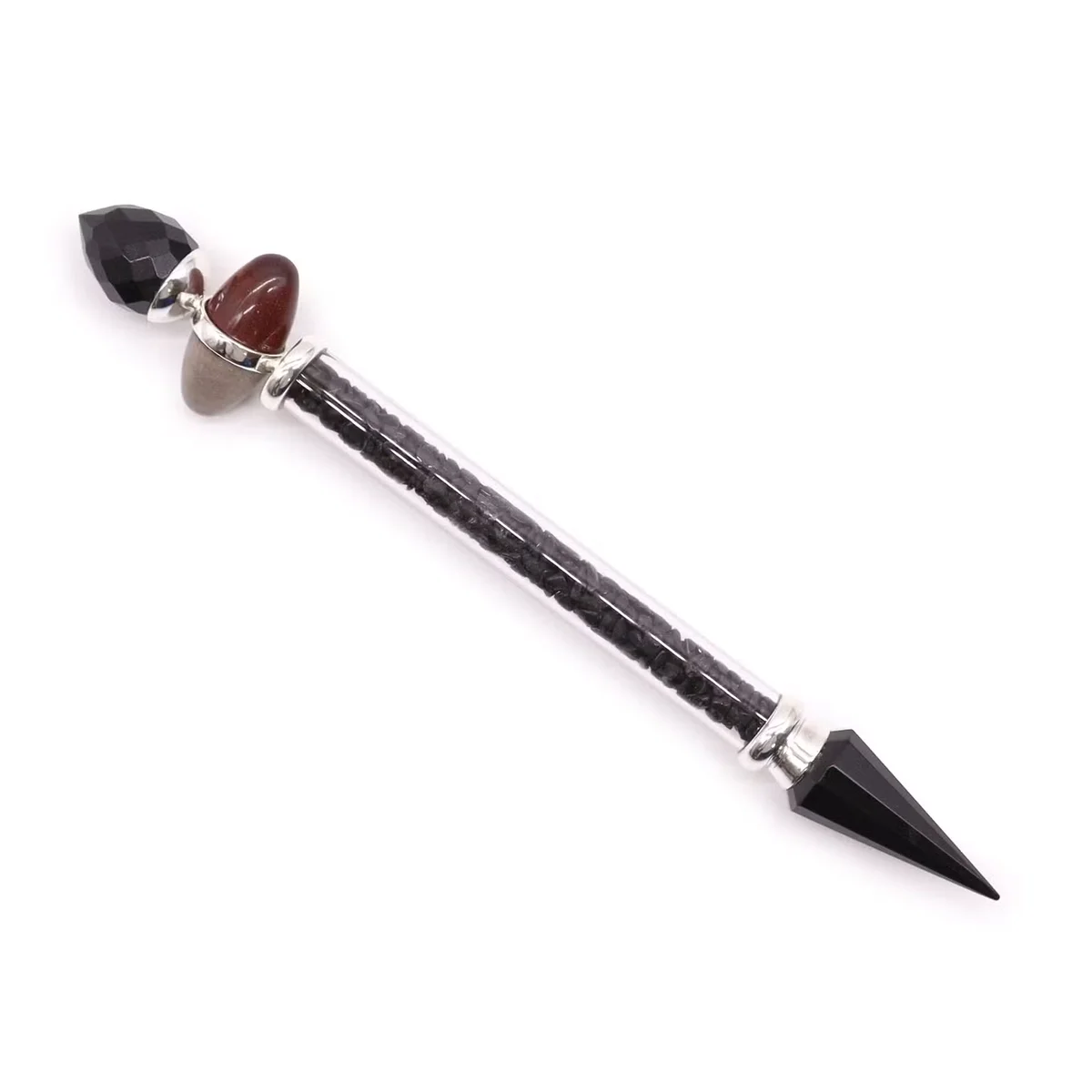 Black Shiva Lingam spiritual healing wand with black tourmaline and agate for protection displayed on white background