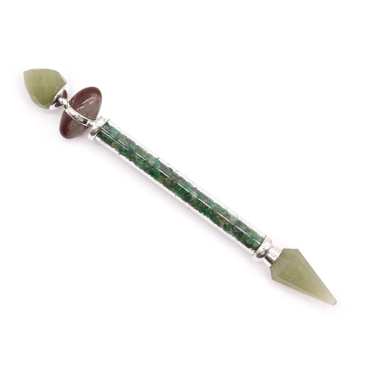Green aventurine Shiva Lingam spiritual healing wand with smooth polished surface on a white background