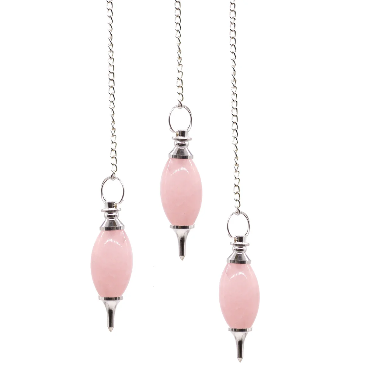 Lingam shaped gemstone pendulum rose quartz with smooth polished surface on a white background