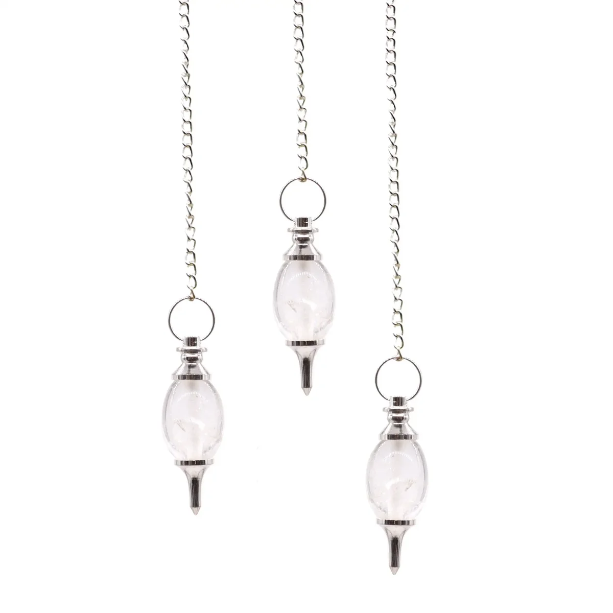 Lingam shaped rock quartz pendulum with smooth polished surface and pointed end for divination or healing practices