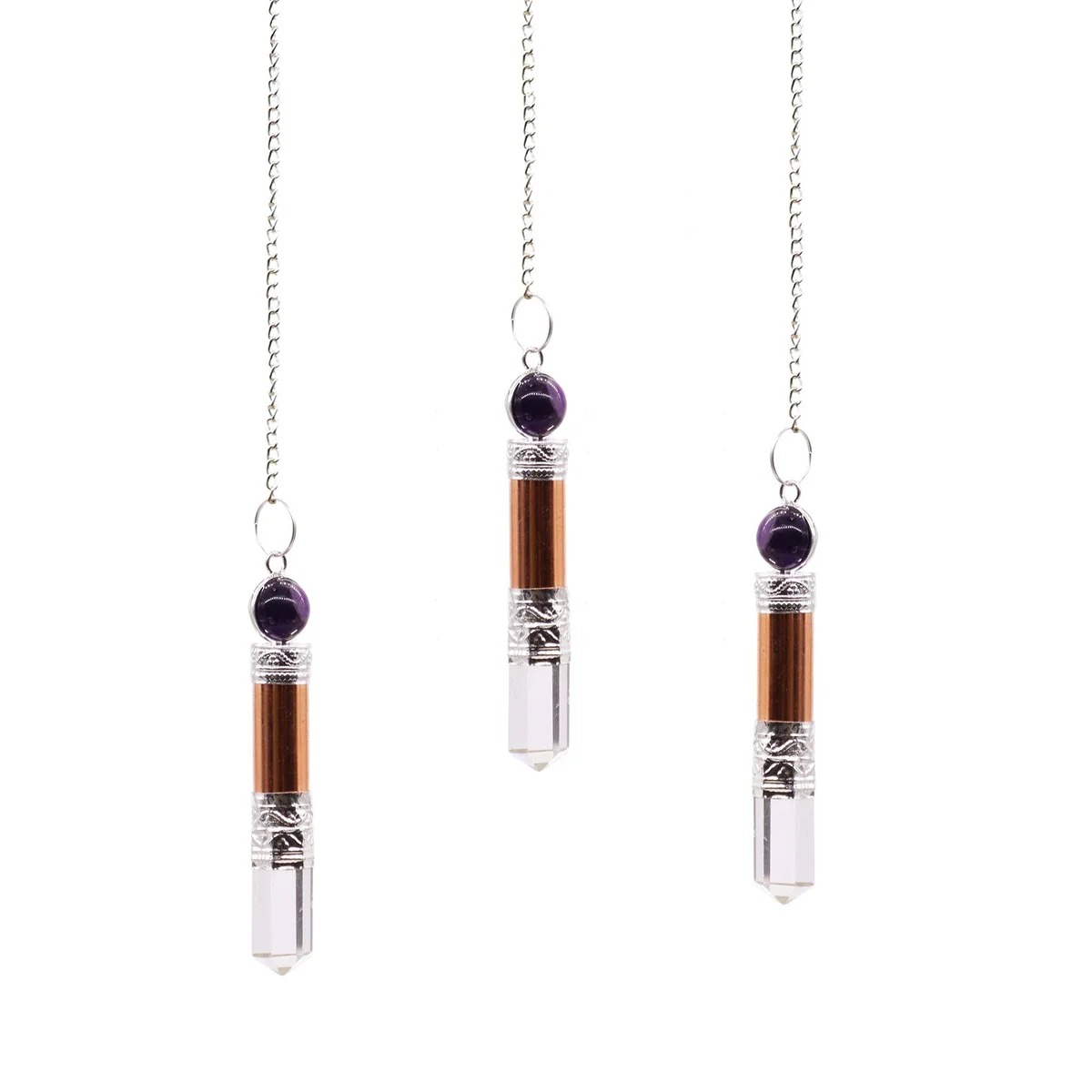 Copper amethyst ornament featuring natural quartz and amethyst crystals with copper accents on a white background