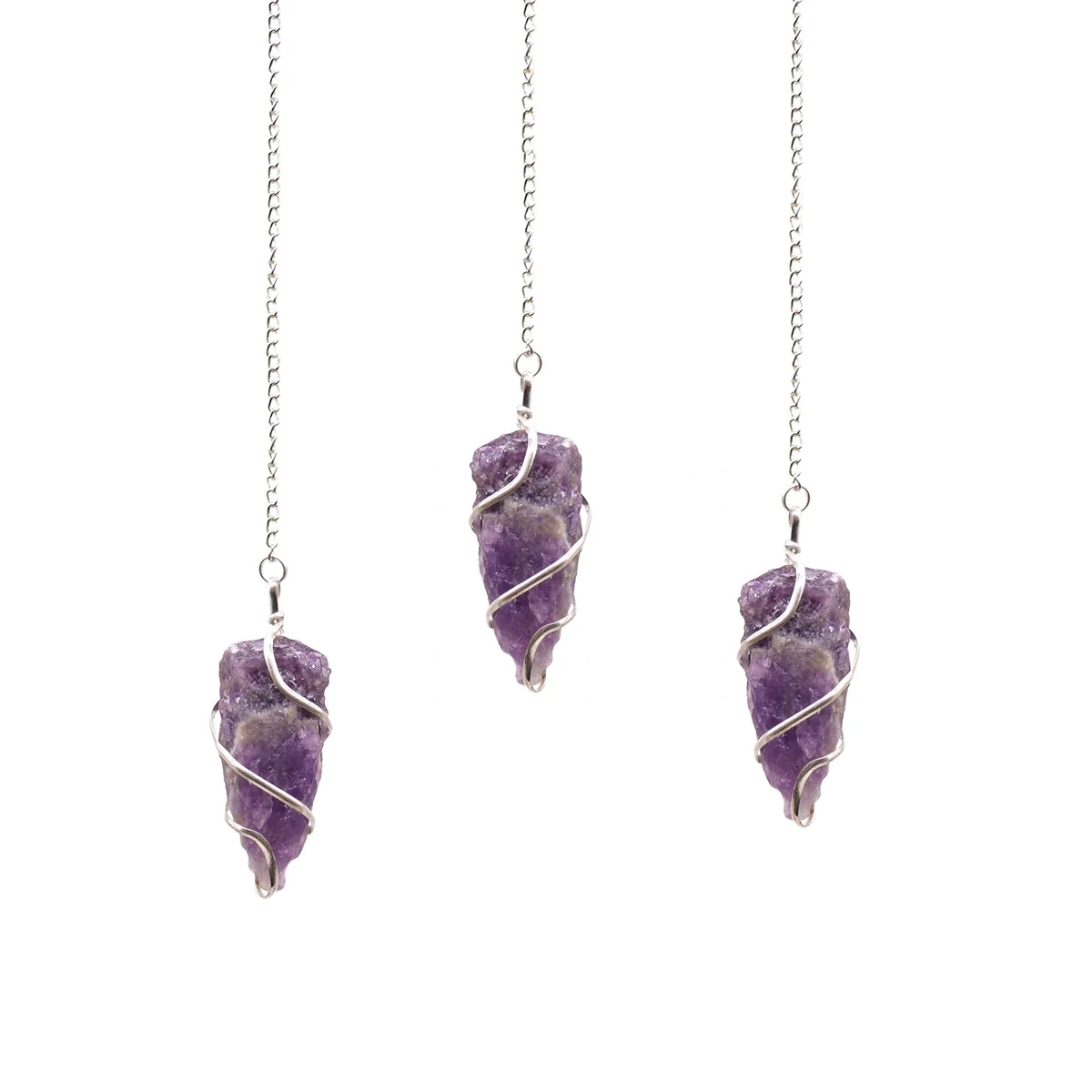 Raw amethyst pendulum with a polished pointed amethyst stone attached to a delicate chain for divination or healing purposes