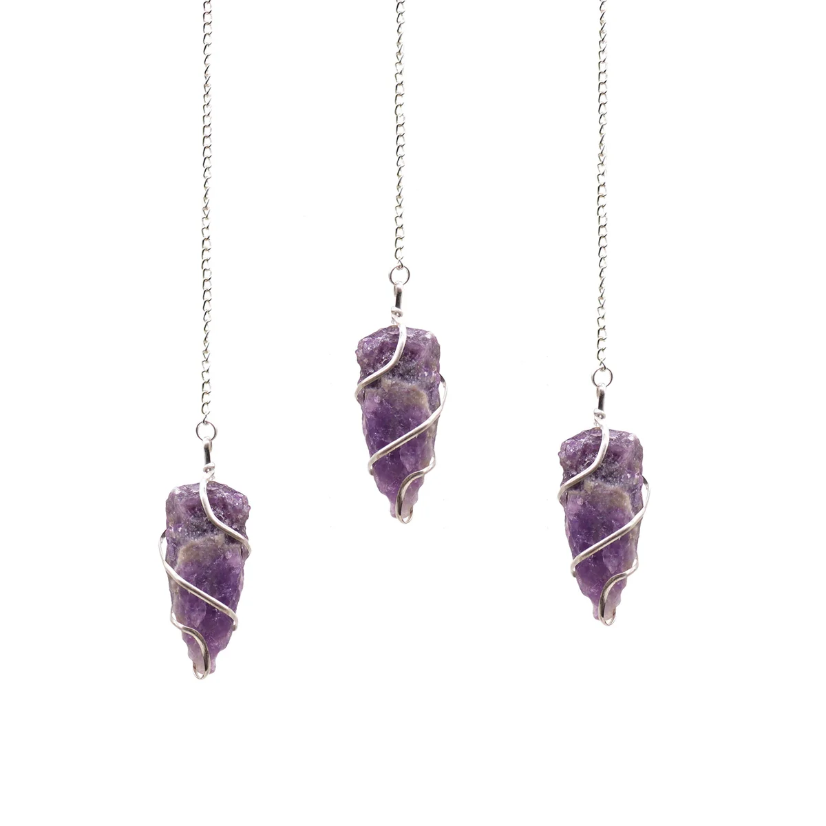 Raw amethyst stone raw gemstone pendulum with a pointed tip and attached chain on white background