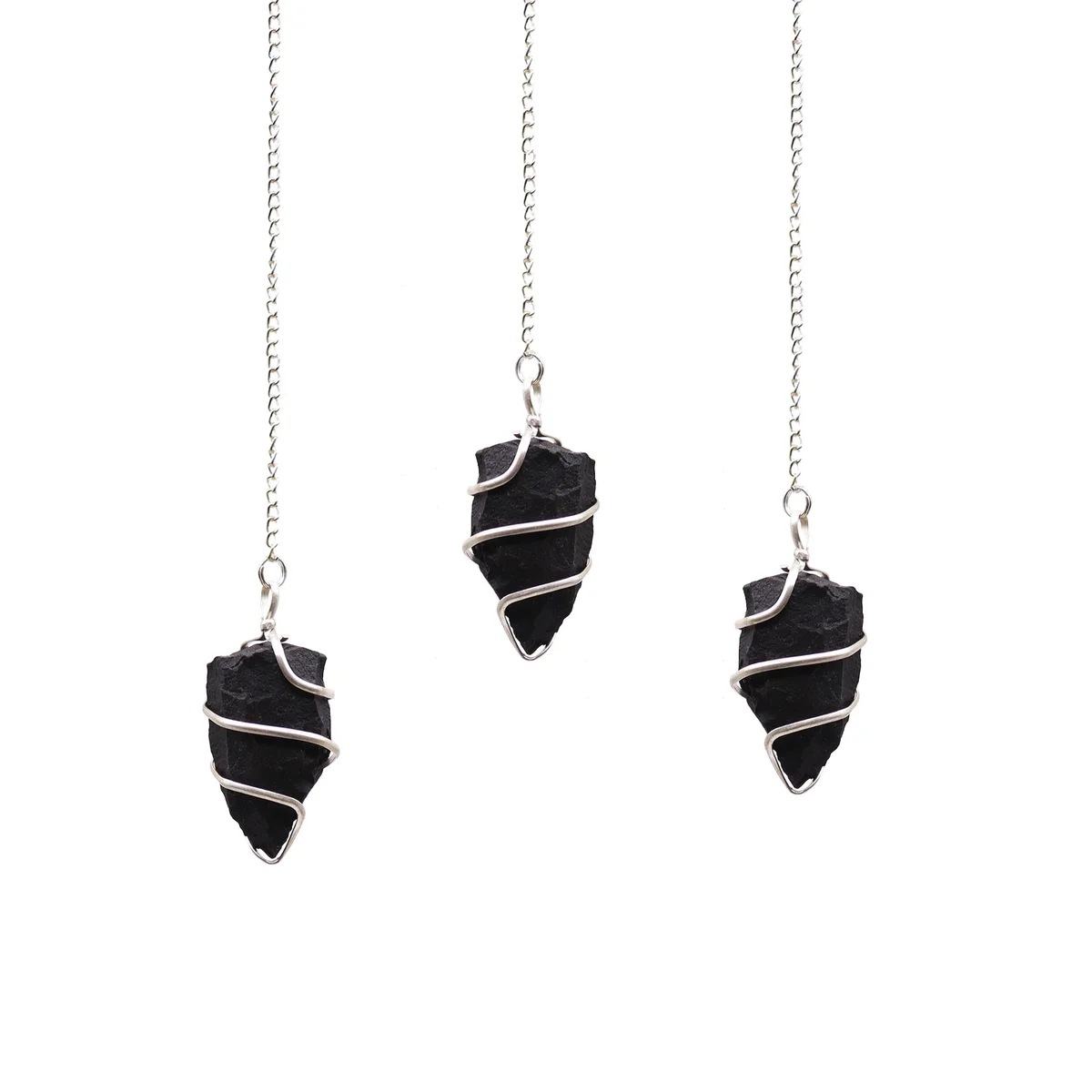 Raw black agate pendulum with natural gemstone texture hanging from a black agate necklace chain against white background