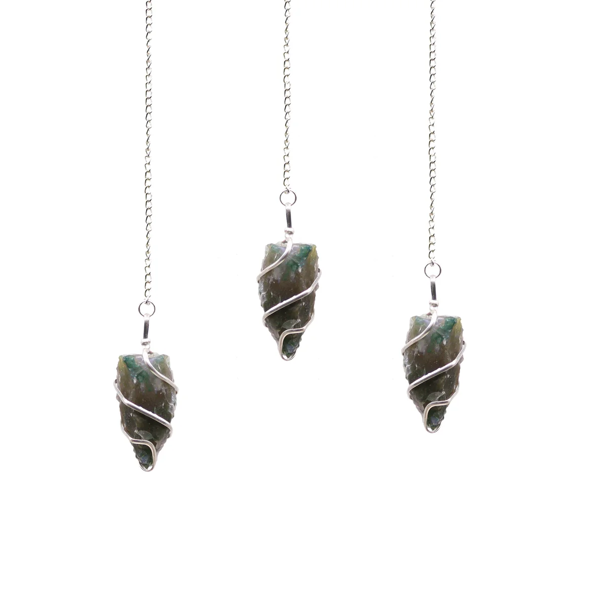 Raw Moss Agate gemstone pendulum with metal chain, a crystal divination tool for spiritual use