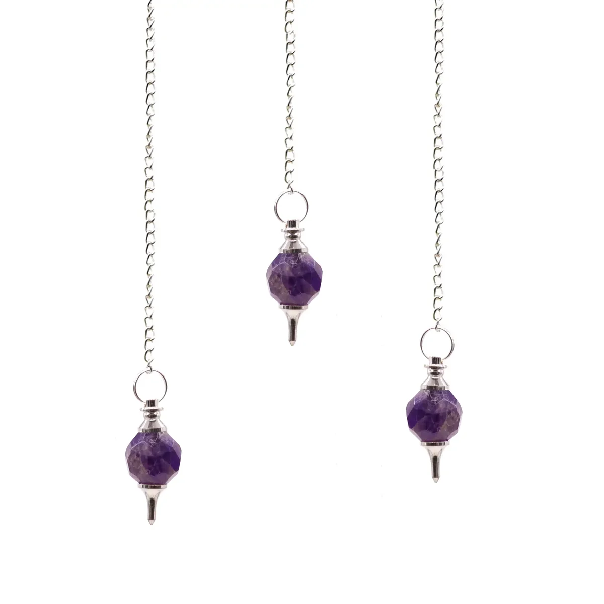 Faceted gemstone pendulum made of purple amethyst with a pointed shape and attached chain on white background