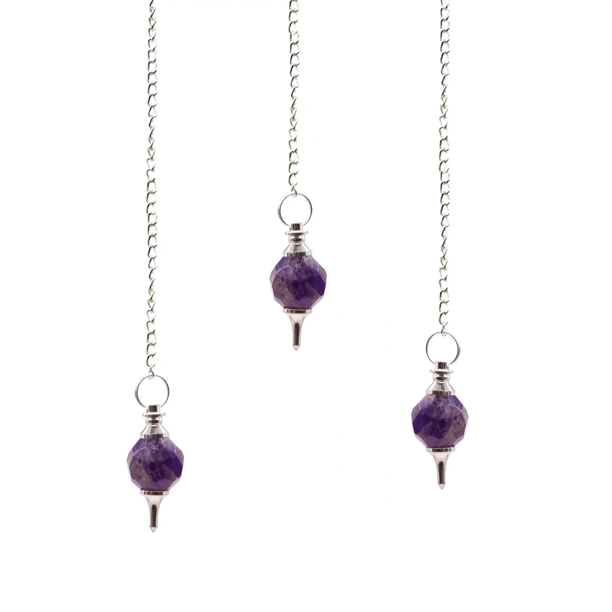 Faceted amethyst pendulum necklace showing purple gemstone pendant on a chain against a white background