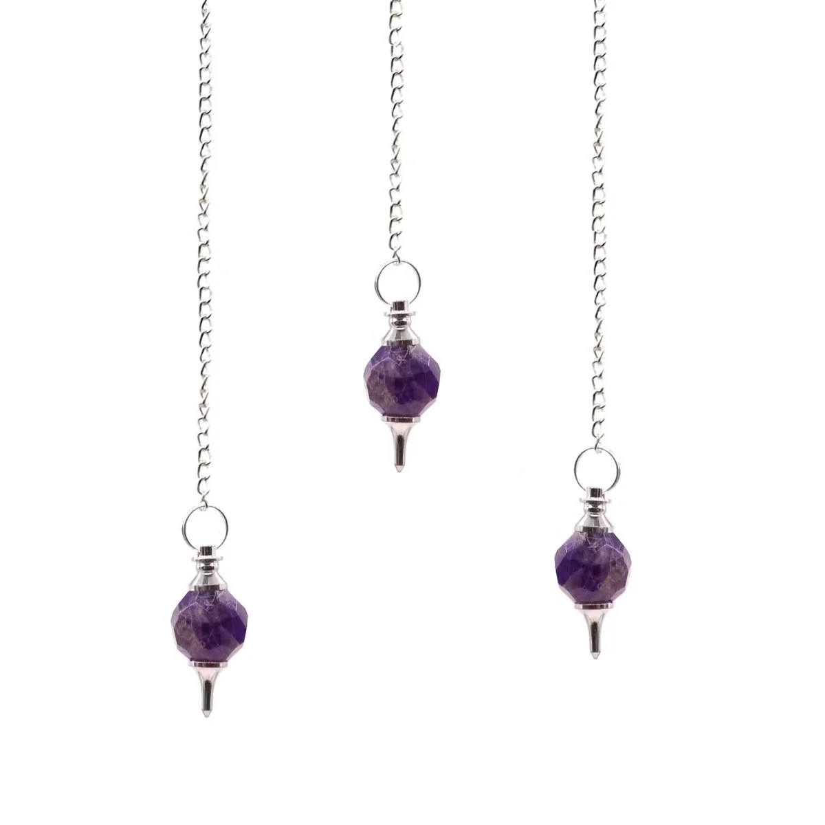 Faceted amethyst gemstone pendulum with silver chain, part of spiritual gemstone jewellery collection
